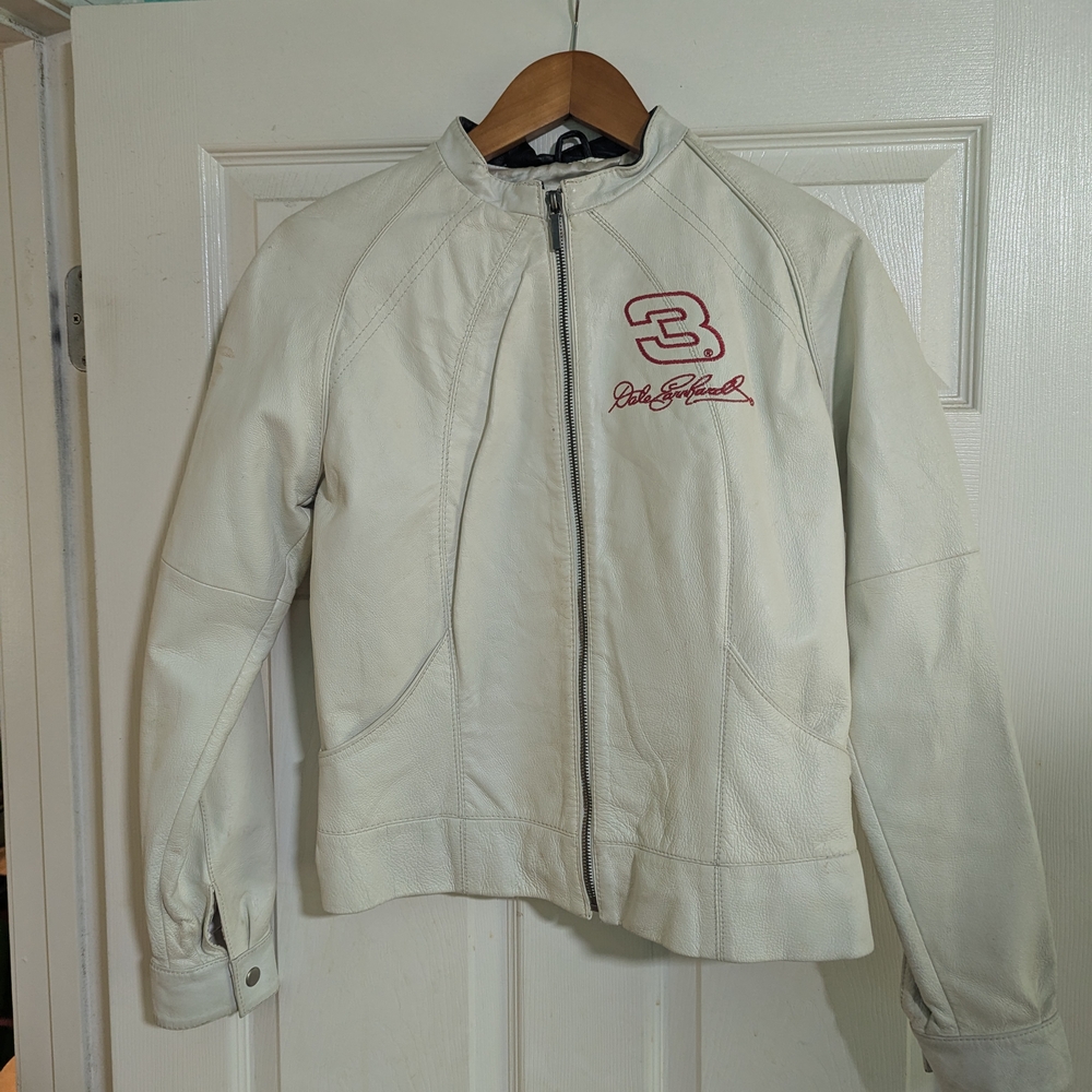 White Leather Jacket with Embroidered Logo